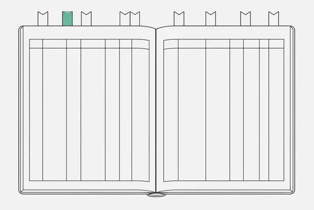 Schematyczna ilustracja: otwarta księga rachunkowa z zakładkami i kolumnami ewidencji