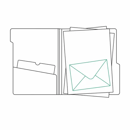 Schematyczna ilustracja: otwarta teczka z dokumentami i koperta