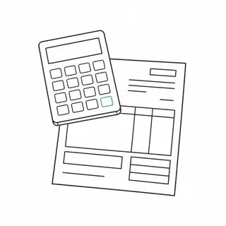 Rysunek: kalkulator leżący ukośnie na formularzu z tabelą i rubrykami; jeden klawisz kalkulatora jest obrysowany turkusem.