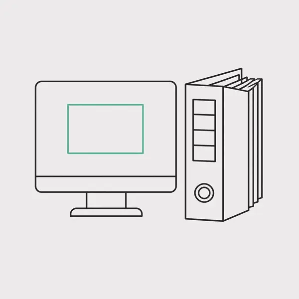 Schematyczna ilustracja: monitor i segregator obok siebie